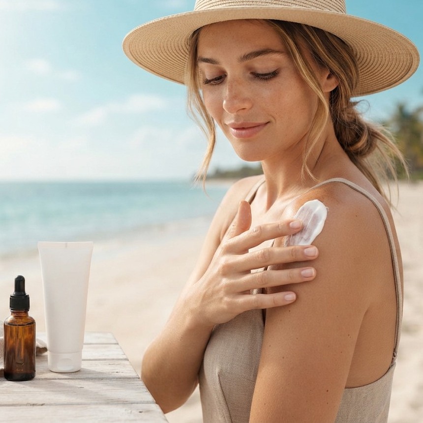 Mujer aplicándose protector solar natural con filtros minerales en el hombro en la playa junto a una crema solar ecológica